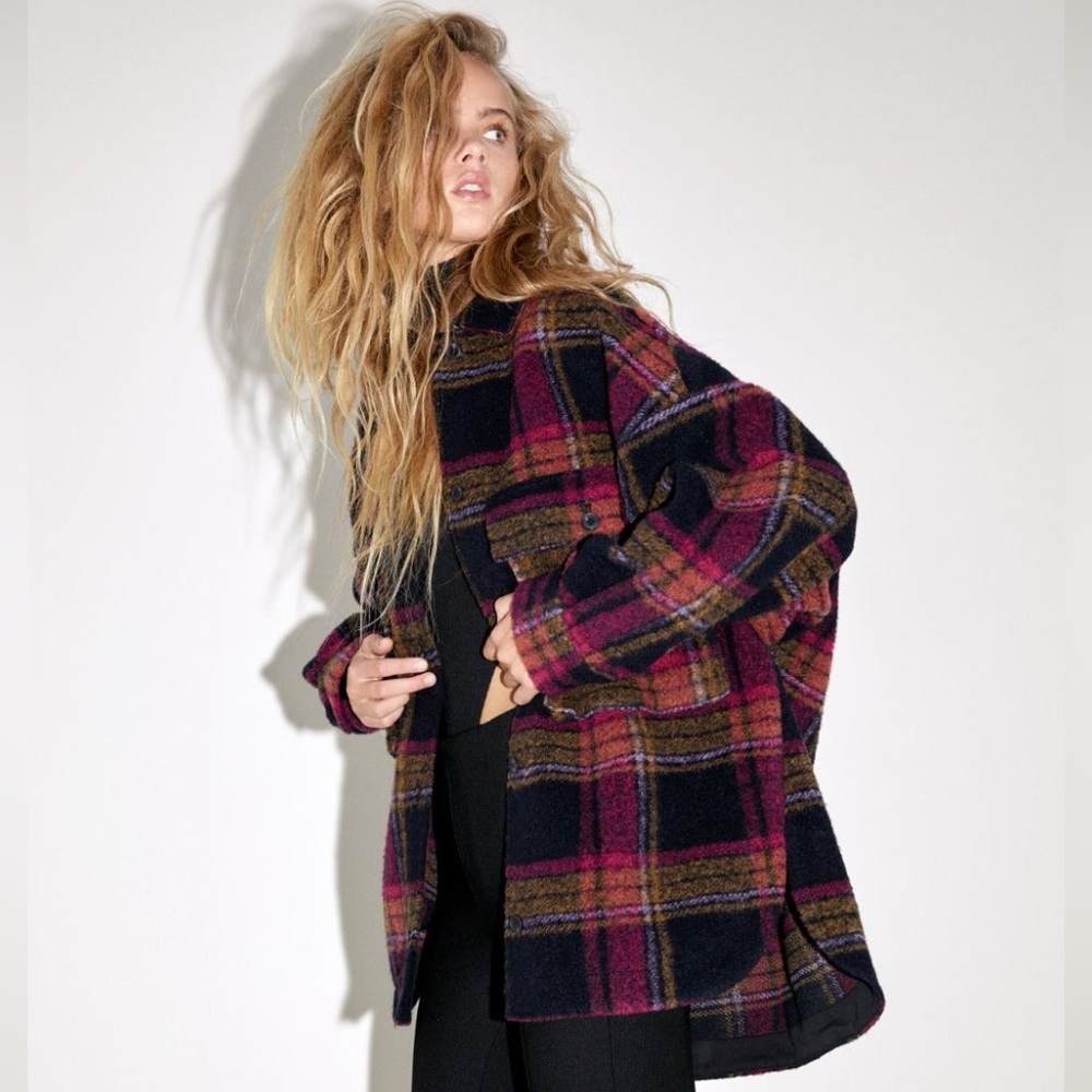 Multicoloured Plaid Pink & Black Wool Blend Casual Shacket / Jacket SZ S/M